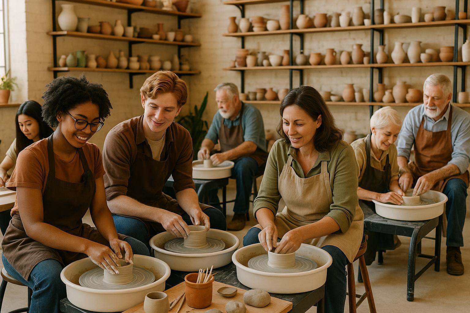 Community pottery studio with diverse participants