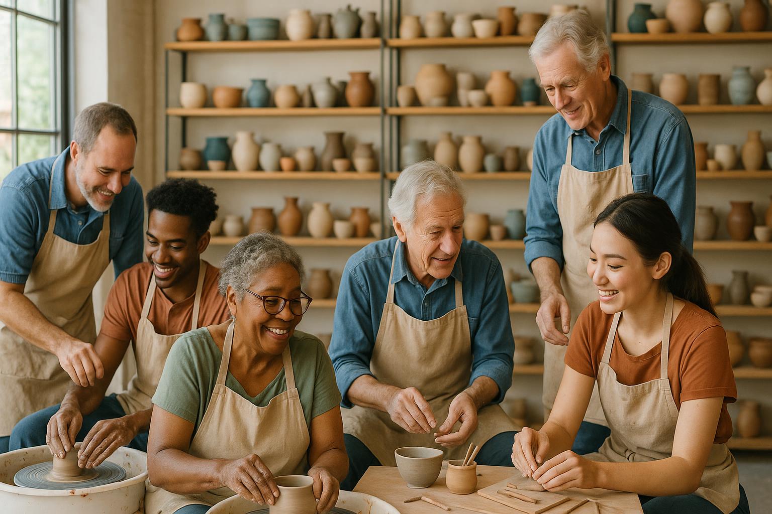 Diverse community members working together in pottery studio