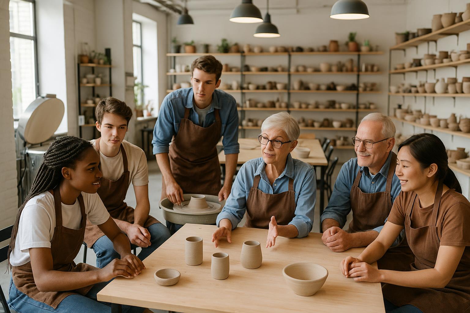 Worker-owners collaborating in modern pottery studio