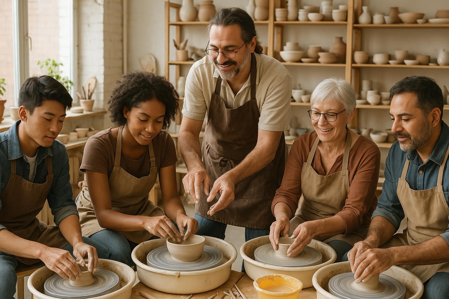 Pottery education with instructor and diverse students